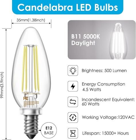 VOLIVO Dimmable E12 LED Candelabra Bulbs 60Watt Equivalent, 5000K Warm White, 500Lumens, 4.5W B11 Vintage Chandelier Light Bulbs, LED Filament Clear Glass Candle Lamp for Ceiling Fan Home, 12Pack in Saudi Arabia