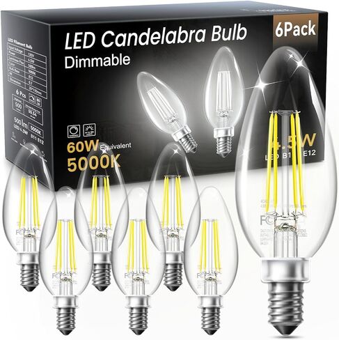 VOLIVO Dimmable E12 LED Candelabra Bulbs 60Watt Equivalent, 5000K Warm White, 500Lumens, 4.5W B11 Vintage Chandelier Light Bulbs, LED Filament Clear Glass Candle Lamp for Ceiling Fan Home, 12Pack in Saudi Arabia