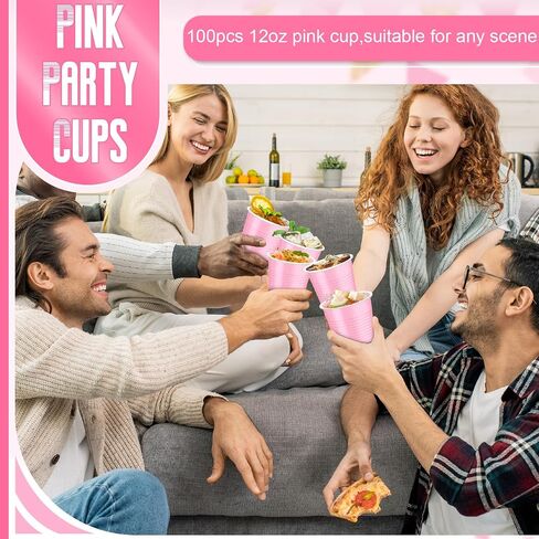 Dualshine 100 Pack Pink Plastic Cups 12 oz, Disposable Cups for Party, Heavy Duty Drinking Cup, Graduation Cups for Wedding Birthday, Valentine's Day Beer Taste Serving Snack Sample Tastings Barbecues in Kuwait