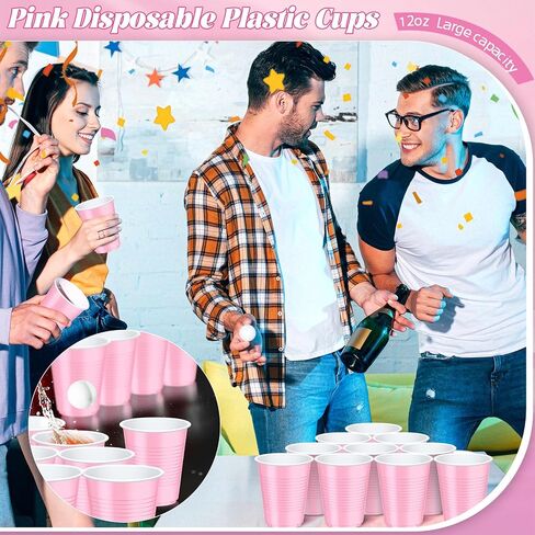 Dualshine 100 Pack Pink Plastic Cups 12 oz, Disposable Cups for Party, Heavy Duty Drinking Cup, Graduation Cups for Wedding Birthday, Valentine's Day Beer Taste Serving Snack Sample Tastings Barbecues in Kuwait