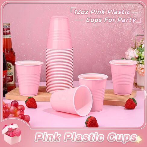 Dualshine 100 Pack Pink Plastic Cups 12 oz, Disposable Cups for Party, Heavy Duty Drinking Cup, Graduation Cups for Wedding Birthday, Valentine's Day Beer Taste Serving Snack Sample Tastings Barbecues in Kuwait