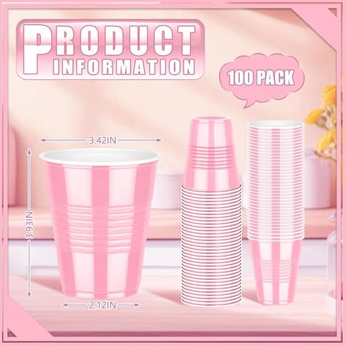 Dualshine 100 Pack Pink Plastic Cups 12 oz, Disposable Cups for Party, Heavy Duty Drinking Cup, Graduation Cups for Wedding Birthday, Valentine's Day Beer Taste Serving Snack Sample Tastings Barbecues in Kuwait
