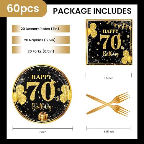 70th 7 بوصة لوحات عيد ميلاد لوحات ورق مناديل فوركس 60 جهاز كمبيوتر أسود الذهب ديكورات عيد ميلاد للبنين الفتيات الأدوات المائدة المحددة لمستلزمات حفل الذكرى ، خدمة 20 in Kuwait