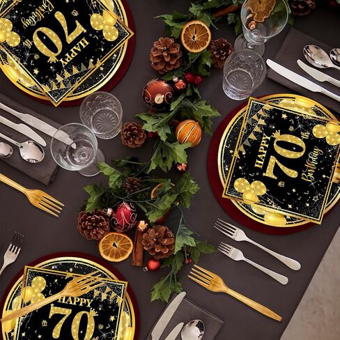 70th 7 بوصة لوحات عيد ميلاد لوحات ورق مناديل فوركس 60 جهاز كمبيوتر أسود الذهب ديكورات عيد ميلاد للبنين الفتيات الأدوات المائدة المحددة لمستلزمات حفل الذكرى ، خدمة 20 in Kuwait