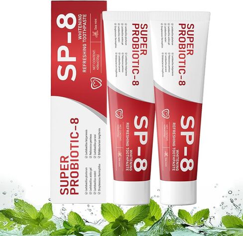 SP8 Probiotics معجون أسنان تبييض ، SP8 جديدة خالية من الفلورايد خالية من الفلورايد وملفقة بروبيوتيك ، النعناع الطازج فائقة للتنظيف العميق والتنفس الطازج الطويل ، 4.23oz-2 حزمة in Kuwait