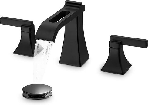 Matte Black Waterfall Bathroom Faucet 3 Hole, Brass 8 Inch Widespread Bathroom Sink Faucet Included Pop-Up Drain, 2 Handles & Pre-Connected cUPC Hose for Vanity, Modern Hollowed Design in Kuwait