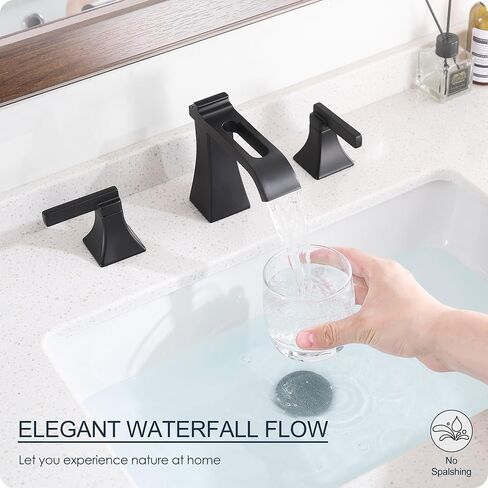 Matte Black Waterfall Bathroom Faucet 3 Hole, Brass 8 Inch Widespread Bathroom Sink Faucet Included Pop-Up Drain, 2 Handles & Pre-Connected cUPC Hose for Vanity, Modern Hollowed Design in Kuwait