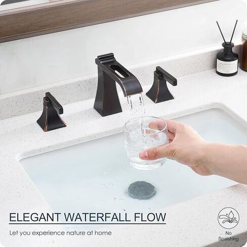 Matte Black Waterfall Bathroom Faucet 3 Hole, Brass 8 Inch Widespread Bathroom Sink Faucet Included Pop-Up Drain, 2 Handles & Pre-Connected cUPC Hose for Vanity, Modern Hollowed Design in Kuwait