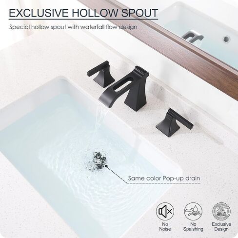 Matte Black Waterfall Bathroom Faucet 3 Hole, Brass 8 Inch Widespread Bathroom Sink Faucet Included Pop-Up Drain, 2 Handles & Pre-Connected cUPC Hose for Vanity, Modern Hollowed Design in Kuwait