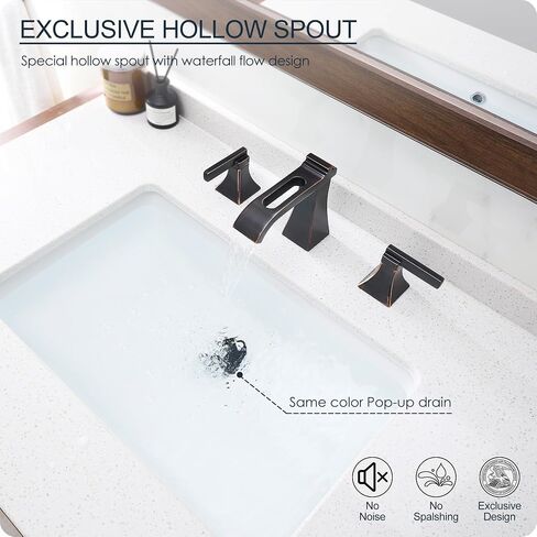 Matte Black Waterfall Bathroom Faucet 3 Hole, Brass 8 Inch Widespread Bathroom Sink Faucet Included Pop-Up Drain, 2 Handles & Pre-Connected cUPC Hose for Vanity, Modern Hollowed Design in Kuwait