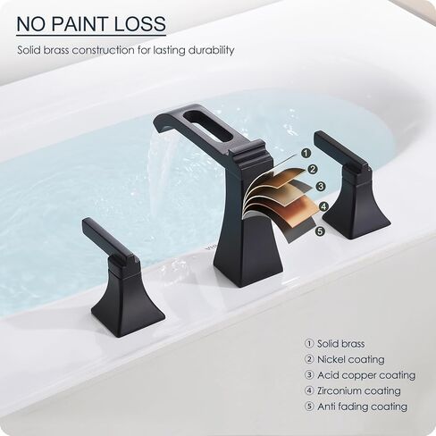 Matte Black Waterfall Bathroom Faucet 3 Hole, Brass 8 Inch Widespread Bathroom Sink Faucet Included Pop-Up Drain, 2 Handles & Pre-Connected cUPC Hose for Vanity, Modern Hollowed Design in Kuwait
