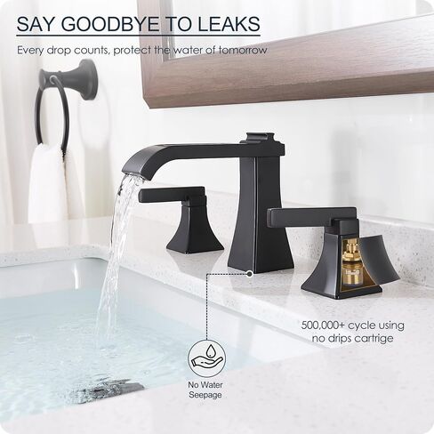 Matte Black Waterfall Bathroom Faucet 3 Hole, Brass 8 Inch Widespread Bathroom Sink Faucet Included Pop-Up Drain, 2 Handles & Pre-Connected cUPC Hose for Vanity, Modern Hollowed Design in Kuwait