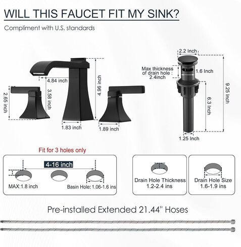 Matte Black Waterfall Bathroom Faucet 3 Hole, Brass 8 Inch Widespread Bathroom Sink Faucet Included Pop-Up Drain, 2 Handles & Pre-Connected cUPC Hose for Vanity, Modern Hollowed Design in Kuwait