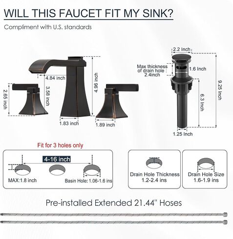 Matte Black Waterfall Bathroom Faucet 3 Hole, Brass 8 Inch Widespread Bathroom Sink Faucet Included Pop-Up Drain, 2 Handles & Pre-Connected cUPC Hose for Vanity, Modern Hollowed Design in Kuwait