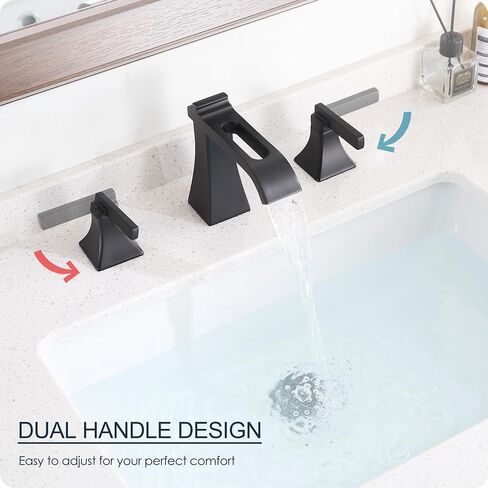 Matte Black Waterfall Bathroom Faucet 3 Hole, Brass 8 Inch Widespread Bathroom Sink Faucet Included Pop-Up Drain, 2 Handles & Pre-Connected cUPC Hose for Vanity, Modern Hollowed Design in Kuwait
