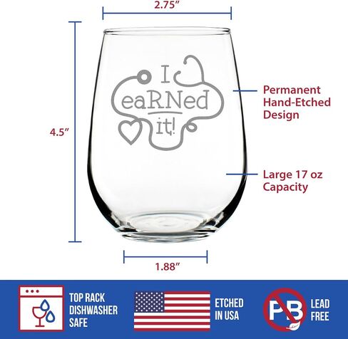 I eaRNed it – Cute Funny Registered Nurse Stemless Wine Glass - Healthcare Themed Gifts or Party Decor for Women and Men - Large 17 oz in Kuwait