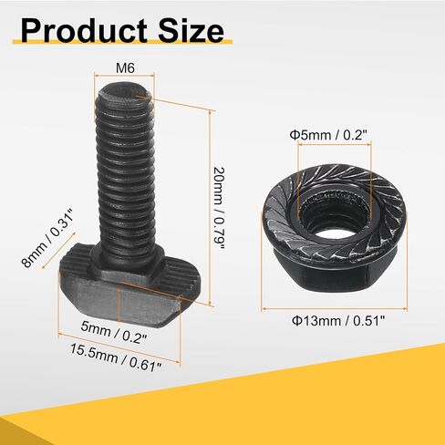 UXCELL 12PCS M6X20MM T SLOT SLOT-IN ، مسامير رأس مطرقة من الصلب الكربوني T شكل مسامير منزلق مع M6 Hexagon Flange Nuts for Europeal 30 Series Aluminium in Kuwait