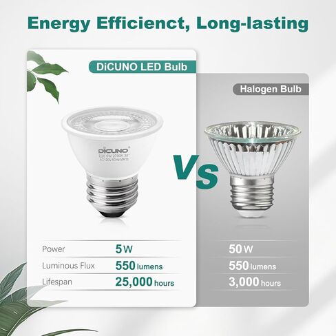 DiCUNO PAR16 LED Bulb Dimmable, 5W Short Neck Spotlight Bulb, 550Lumen, 38° Beam Angle, Warm White 2700K, 50W Equivalent E26 LED for Recessed Light, Curio Cabinet, Pack of 6 in Kuwait