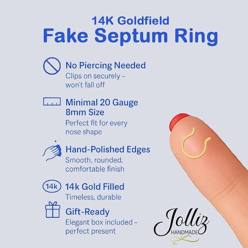 Clip on Septum Ring Hoop - Thin 20g Comfortable Fake Septum Piercing - Handmade 14K Gold Filled Hammered Faux Septum Piercing Hoop in Kuwait