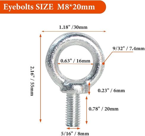 5/16" x 13/16" Galvanized Steel Eye Bolts,Eye Bolts for Rigging, Anchoring, and Construction - 300 lbs Working Load Limit, Pack of 10(M8*20) in Saudi Arabia