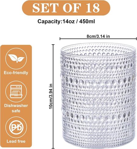 18PCS Plastic Hobnail Drinking Glasses - 14 Oz Clear Vintage Glasses Drinkware - Disposable Beaded Cups for Beer, Whiskey, Juice, Cocktail, Wine, Party in Saudi Arabia