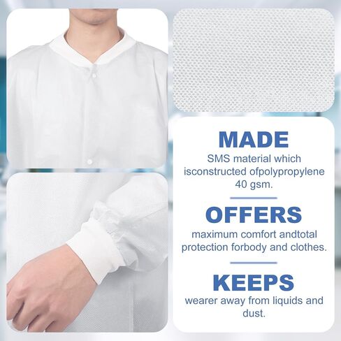 10-50 Pack SMS Disposable Lab Coats for Adults, Blue, Knee-Length, 2 Pockets, 40 GSM Knit Cuffs & Collar, M-XXXLarge in Saudi Arabia