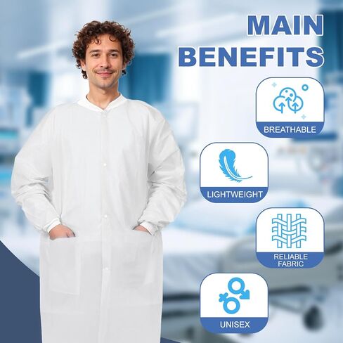 10-50 Pack SMS Disposable Lab Coats for Adults, Blue, Knee-Length, 2 Pockets, 40 GSM Knit Cuffs & Collar, M-XXXLarge in Saudi Arabia