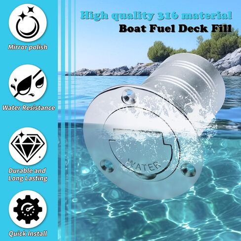 2" Marine Deck Fill/Filler - Fuel/Water/Waste/Gas/Diesel Boat Tank Filler with Keyless Cap & Screws, Polished Finish 316 Stainless Steel Hardware - for Yacht, Caravan in Saudi Arabia
