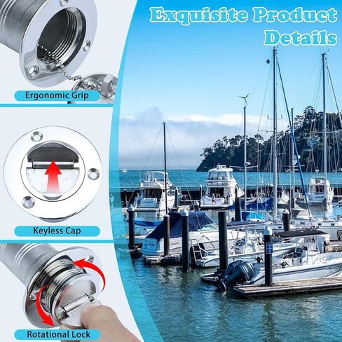 2" Marine Deck Fill/Filler - Fuel/Water/Waste/Gas/Diesel Boat Tank Filler with Keyless Cap & Screws, Polished Finish 316 Stainless Steel Hardware - for Yacht, Caravan in Saudi Arabia