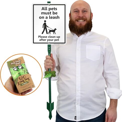 SmartSign 12 x 10 inch “All Pets Must Be On A Leash - Please Clean Up After Your Pet" Yard Sign with 3 Foot Stake, 40 mil Laminated Rustproof Aluminum, Black and White, Set of 1 in Kuwait