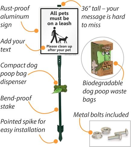 SmartSign 12 x 10 inch “All Pets Must Be On A Leash - Please Clean Up After Your Pet" Yard Sign with 3 Foot Stake, 40 mil Laminated Rustproof Aluminum, Black and White, Set of 1 in Kuwait