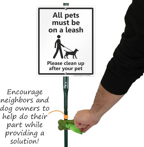 SmartSign 12 x 10 inch “All Pets Must Be On A Leash - Please Clean Up After Your Pet" Yard Sign with 3 Foot Stake, 40 mil Laminated Rustproof Aluminum, Black and White, Set of 1 in Kuwait