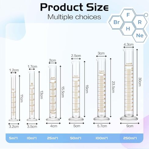 6 PCS Glass Clinder Cylinder Set 5ml 10ml 25ml 50ml 100ml 250ml test plass مع رف لعلوم المختبرات لوازم العلوم المنزلية مع مختبر مختبر DIY in Saudi Arabia