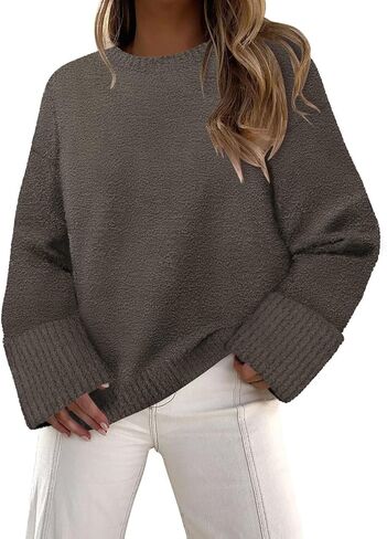 Women's Fuzzy Knit Sweaters Trendy Crewneck Pullover Tops Fall Winter Fashion Outfits in Kuwait