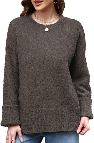 Women's Fuzzy Knit Sweaters Trendy Crewneck Pullover Tops Fall Winter Fashion Outfits in Kuwait