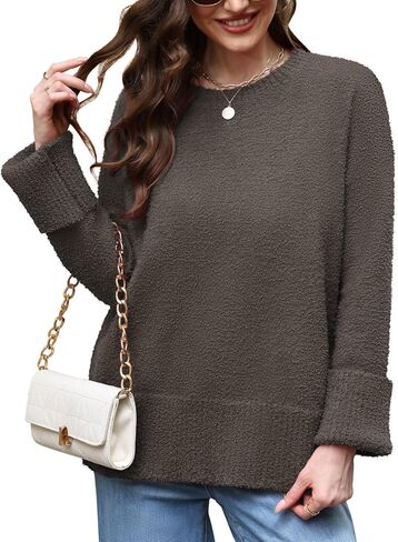 Women's Fuzzy Knit Sweaters Trendy Crewneck Pullover Tops Fall Winter Fashion Outfits in Kuwait