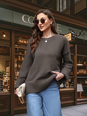 Women's Fuzzy Knit Sweaters Trendy Crewneck Pullover Tops Fall Winter Fashion Outfits in Kuwait