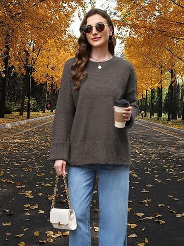Women's Fuzzy Knit Sweaters Trendy Crewneck Pullover Tops Fall Winter Fashion Outfits in Kuwait