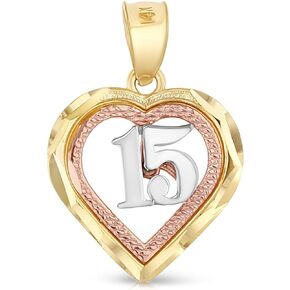 14K Tri Color Gold Sweet 15 Years Bday Quinceanera Heart Charm Tiny Size Pendant For Necklace or Chain
