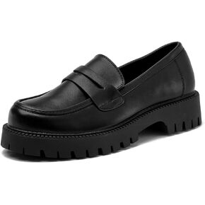 Black Loafers for Women Lug Sole - Comfortable Slip On Platform Chunky Penny Office Work Fashion Loafers Dress Shoes