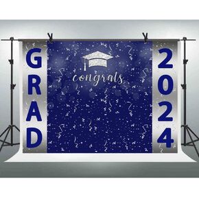 Lofaris 7x5ft Graduation Backdrop Navy Blue and Gold Class of 2024 Congradulation Photography Backdrop Bachelor Cap Congrats Grad Celebration Party Background Photo Booth Studio Props Banner