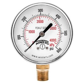 Winters 2-1/2 inch Dial Size, Economy Utility Pressure Gauge, Potable Brass Internals, Steel Case, Dual Scale 0-300 psi/kPa, 3-2-3% Accuracy, 1/4 inch NPT Bottom Mount, Drinking Water Pressure Gauge