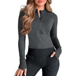 Fisoew Women's Workout Tops Half Zip Crop Tops Slim Fit Yoga Athletic Shirts with Thumb Holes