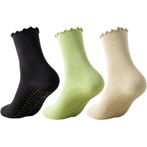 3 Pairs Ruffle Yoga Socks With Grips for Women, Non Slip Grip Socks for Yoga, Pilates, Barre, Dance Crew Socks
