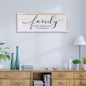 Family Where Life Begins Love Never Ends Wall Decor 40"x15" Living Room Hallway Entryway Vintage Large Farmhouse Inspirational Quotes Motto Sign Wood Framed Hanging Home Wall Art (Black)
