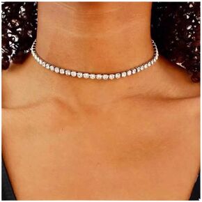 Silver Crystal Tennis Necklace Choker Sparking Rhinestone Choker Necklaces Pave Crystal Cubic Zirconia Bridal Wedding Necklace Jewelry for Women and Girls