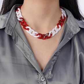 YERTTER Boho Red White Mixed Color Acrylic Chain Women Thick Chain Link Collar Necklace Resin White Link Curb Chain Choker Necklace Statement Collar Chain Gift
