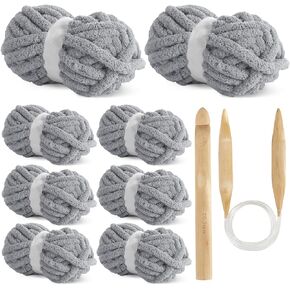 HOMBYS White Chunky Chenille Yarn for Hand Knitting,Fluffy Soft Jumbo Yarn with Circular Needle & Crochet Hook,Super Bulky Big Yarn for Chunky Blanket,Thick Arm Knitting Yarn,8 Pack