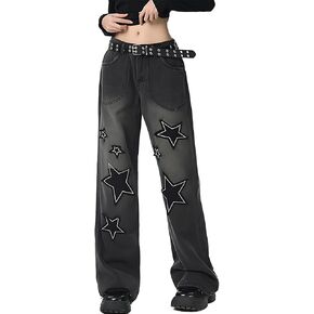 Y2K Harajuku Style Gothic Fashion Kawaii Clothes Baggy Straight Wide Leg Vintage Embroidery Star Denim Pants
