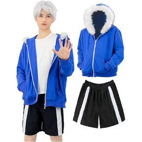 C-ZOFEK Men's US Size Sans Cosplay Blue Hoodie Jacket and Black Shorts (Large)